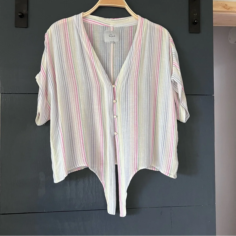 RAILS Thea Isla Striped Tie Front Shirt Size Medium Cream/pink/blue EUC| - Picture 2 of 7
